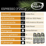 El Gusto Espresso Kaffee aus ganzen Bohnen aus Costa Rica, dunkel geröstet, creative Mischung, 100% Arabica, frischer Gourmet-Kaffee 3er Pack