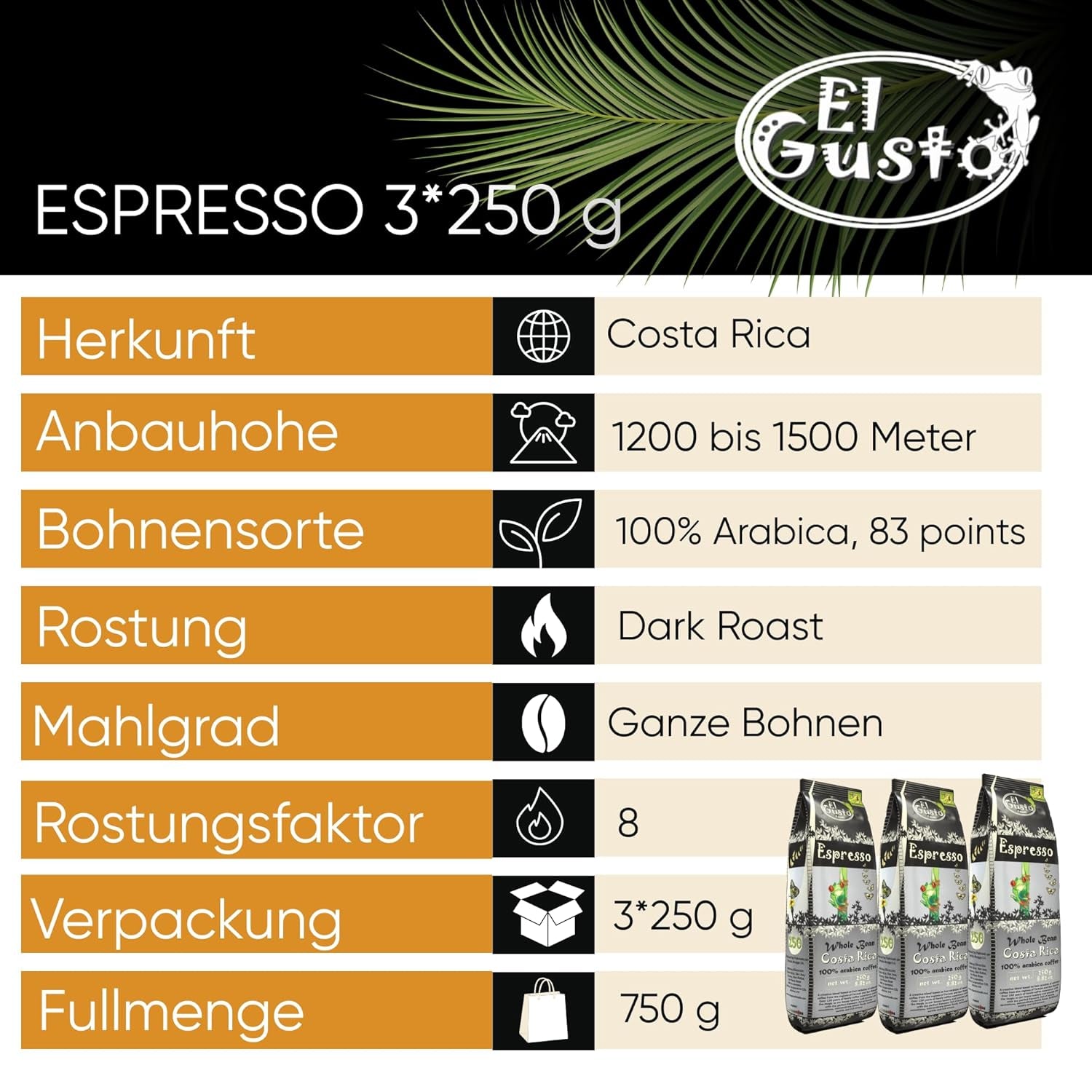 El Gusto Espresso Kaffee aus ganzen Bohnen aus Costa Rica, dunkel geröstet, creative Mischung, 100% Arabica, frischer Gourmet-Kaffee 3er Pack