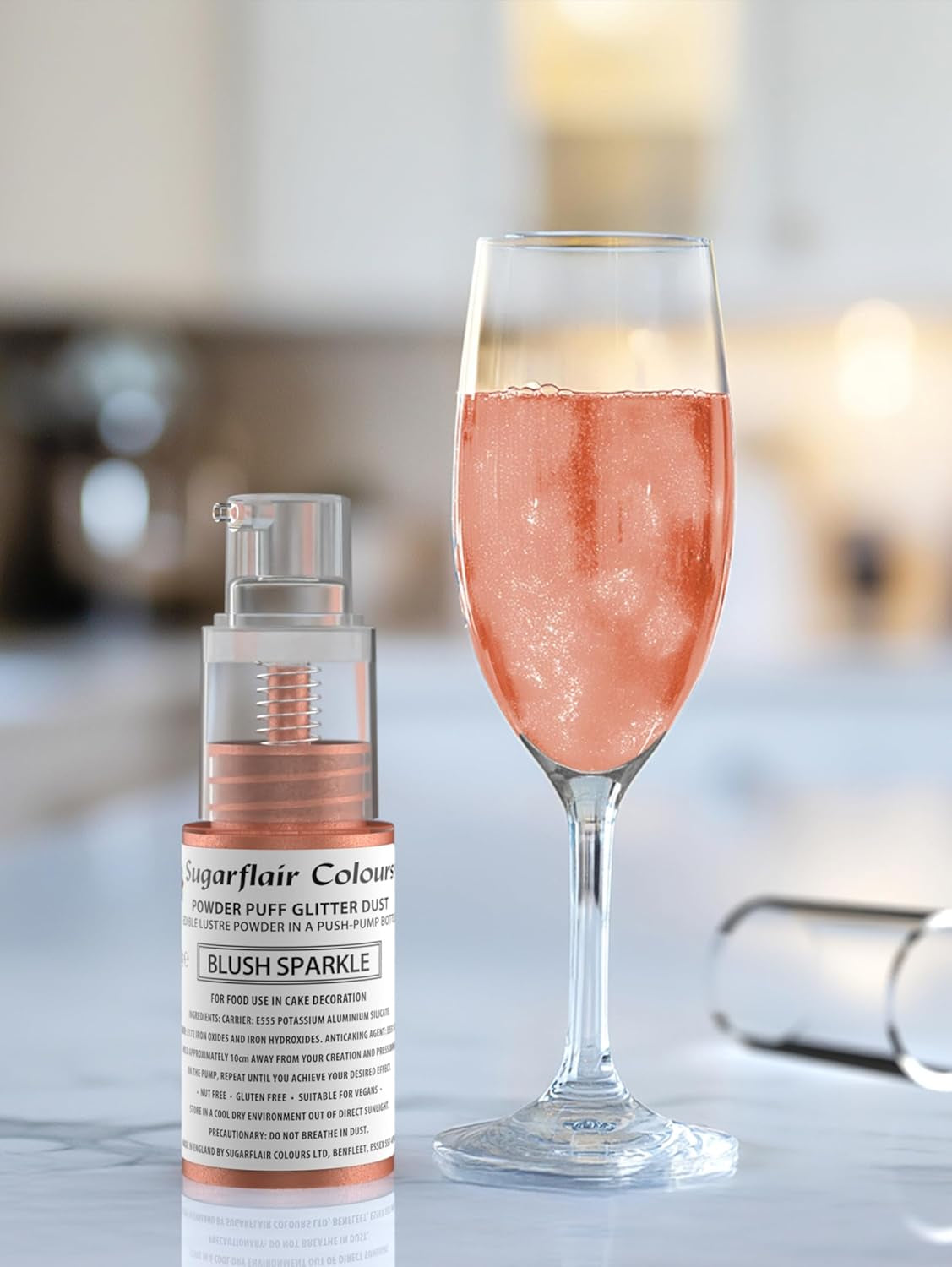 Sugarflair Pump Powder Spray, Glitter, Blush, Glitter - potravinářská barva na dorty, bezaerosolový sprej na dorty, muffiny a další - 10 g