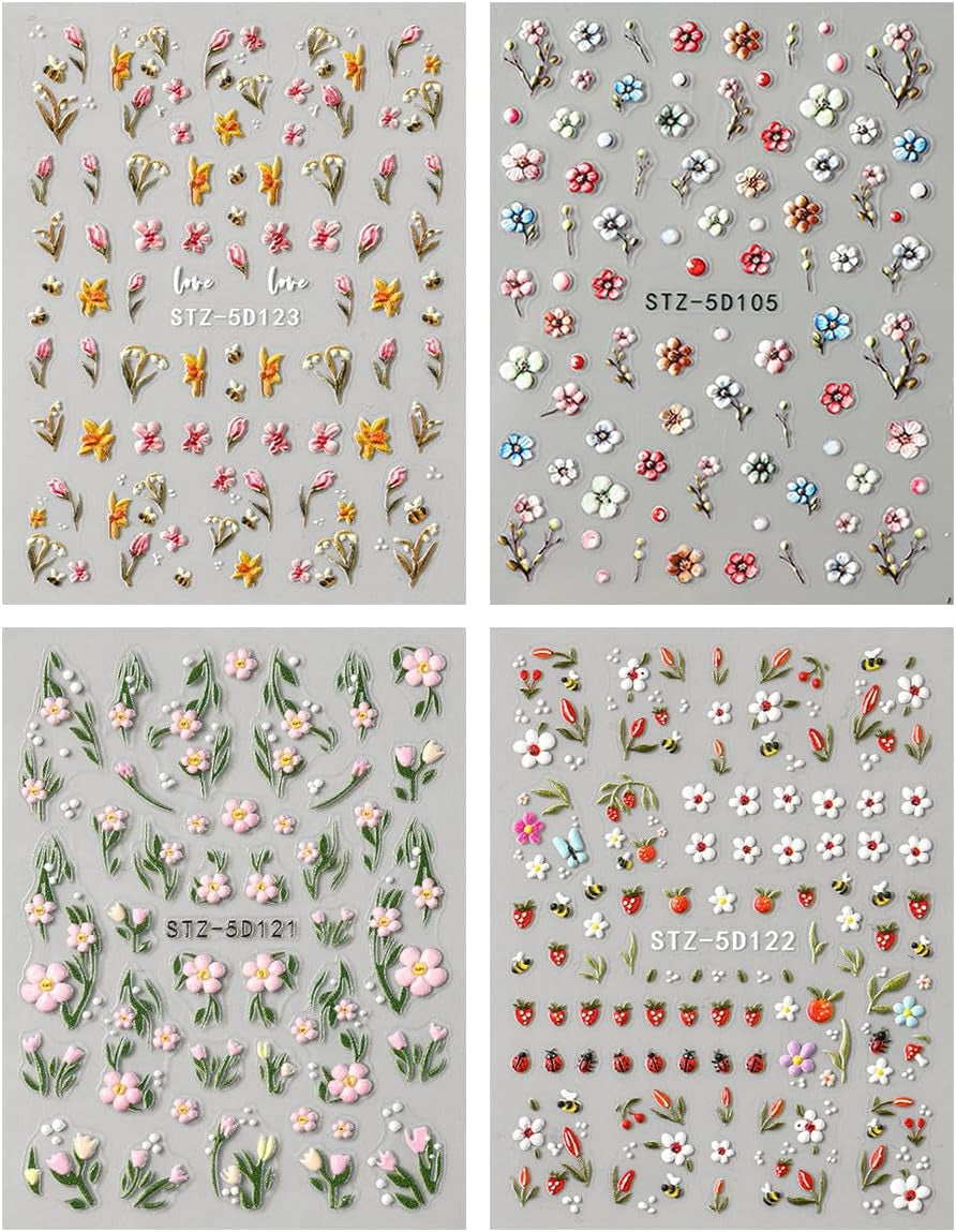 JMEOWIO 3D Nálepka na nehty Blumen Frucht Nálepka na nehty Selbstklebend Nagelaufkleber 5D Stereoskopická dekorace Nageldesign Zubehör 4 Blatt