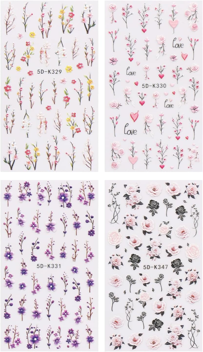 JMEOWIO 3D Nálepka na nehty Blumen Nálepka na nehty Selbstklebend Nagelaufkleber 5D Stereoskopické jarní letní dekorace Nageldesign Zubehör 4 Blatt