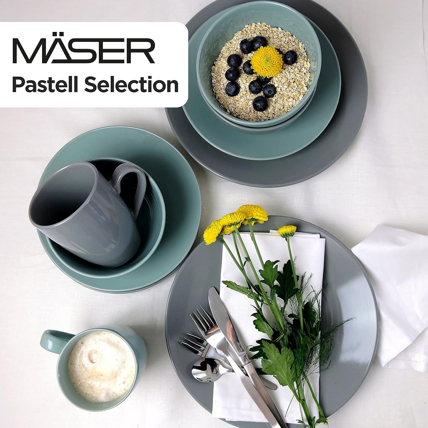 MÄSER Pastel Selection, Modernes Geschirr Set für 4 Personen, 16-teiliges Kombiservice aus Keramik, Steinzeug, Türkis-Grün