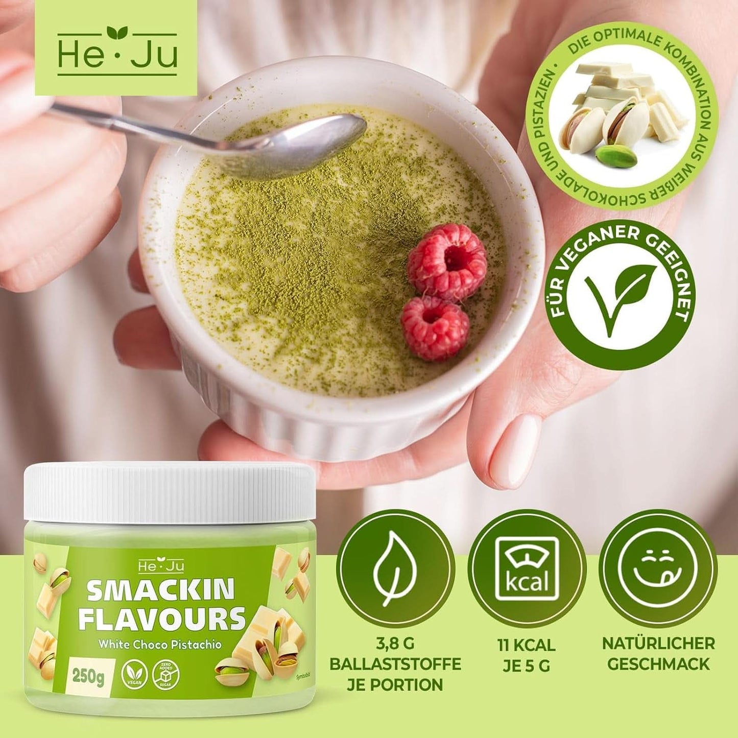 He-Ju, prášek s příchutí bílé čokolády a pistácií, 250 gramů Naty Shop Flavors