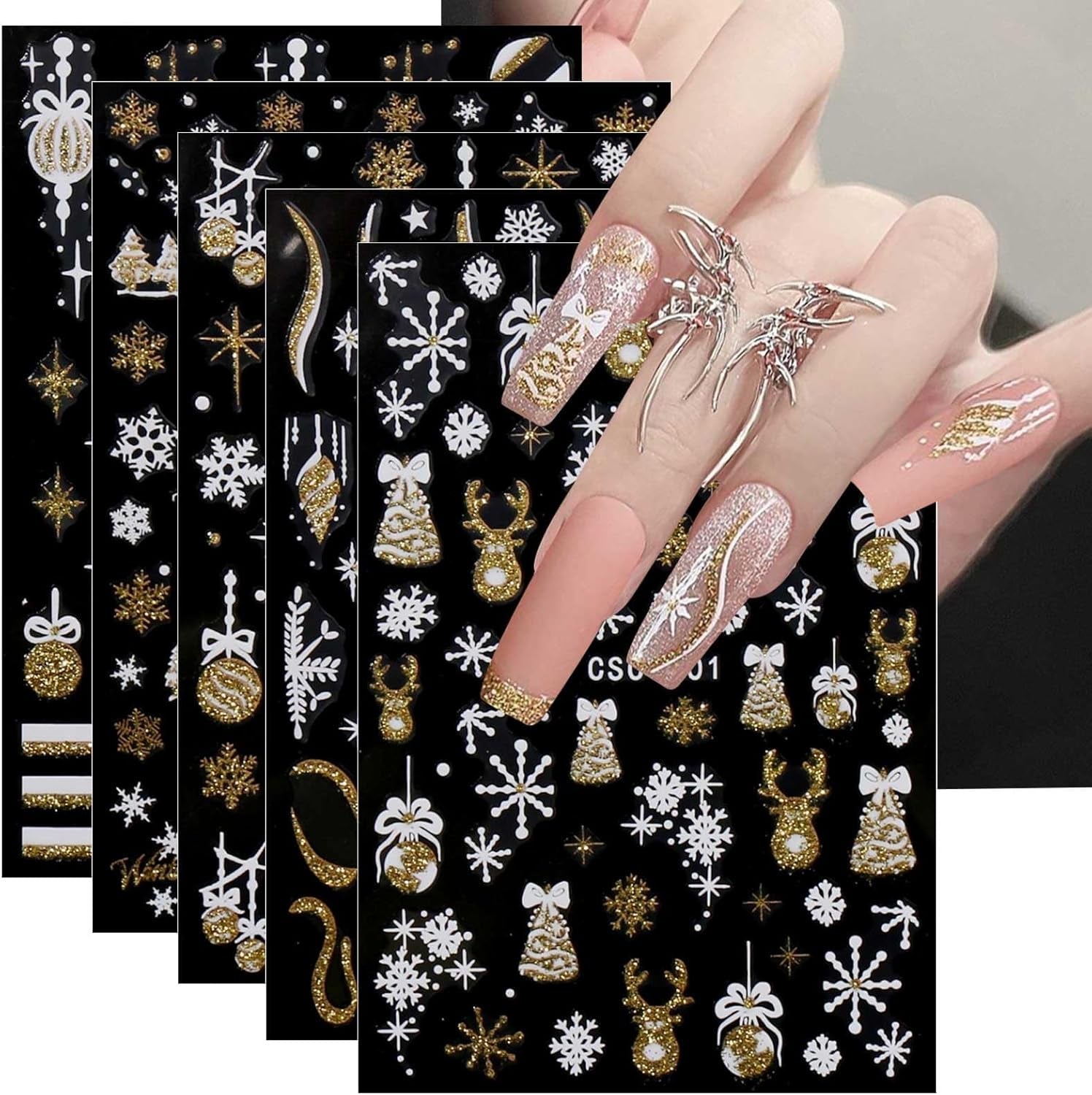 JMEOWIO Nálepka na nehty Weihnachten Gold Glitter Silber 8 Blatt Nálepka na nehty Selbtklebend Nagelaufkleber Schneeflocke Winterurlaub Dekoration Nageldesign Zubehör