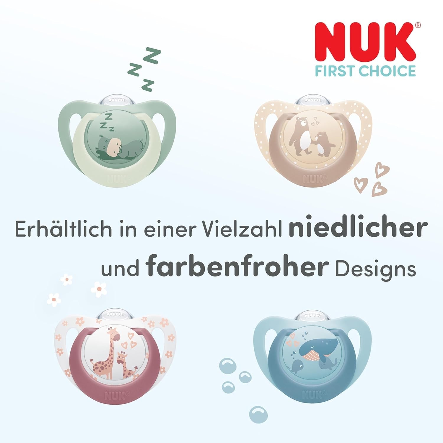 Noční dudlíky NUK First Choice pro miminka | 6-18 měsíců | Ortodontické dudlíky, které svítí ve tmě | Uklidňuje 99 % miminek** | Hroch/Koala | Balení 2
