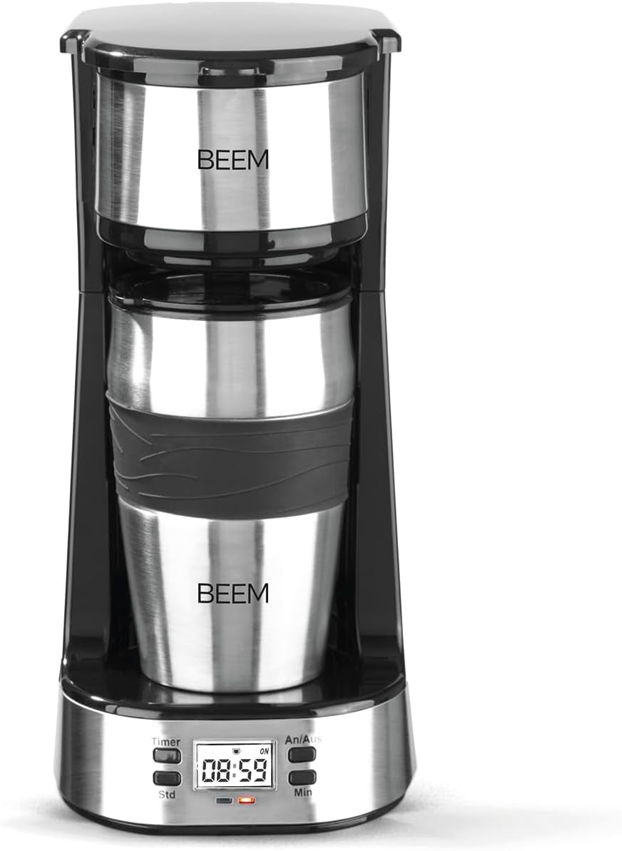 Jednofiltrační espresso BEEM THERMO 2 GO s termohrnkem o objemu 0,4 l | Permanentní filtr | S 24hodinovým časovačem pro ranní šálek horké kávy, žádné čekání | 750 W