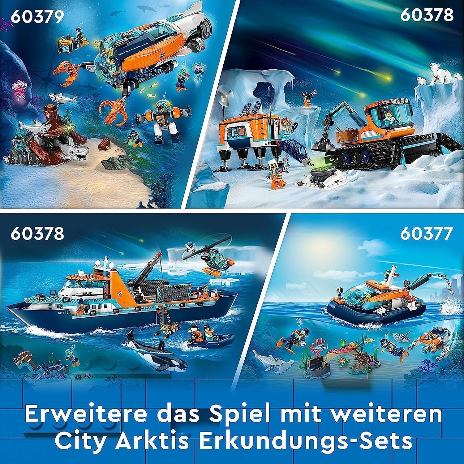 Arktická výzkumná loď LEGO City, velký plovoucí člun s helikoptérou, nafukovací člun, ponorka Rov, vrak vikinga, 7 minifigurek a figurka orky, dárek pro děti starší 7 let 60368 Stavebnice Besuche den LEGO-Store