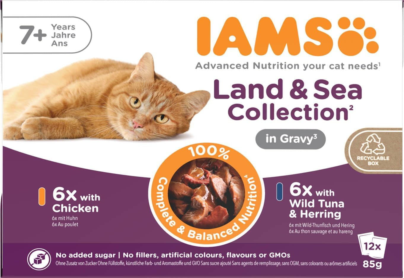 IAMS Delights Mokré krmivo pro starší kočky - Multibalení s kuřecím masem a rybou v omáčce, vysoce kvalitní mokré krmivo pro kočky starší 7 let, 12 x 85g