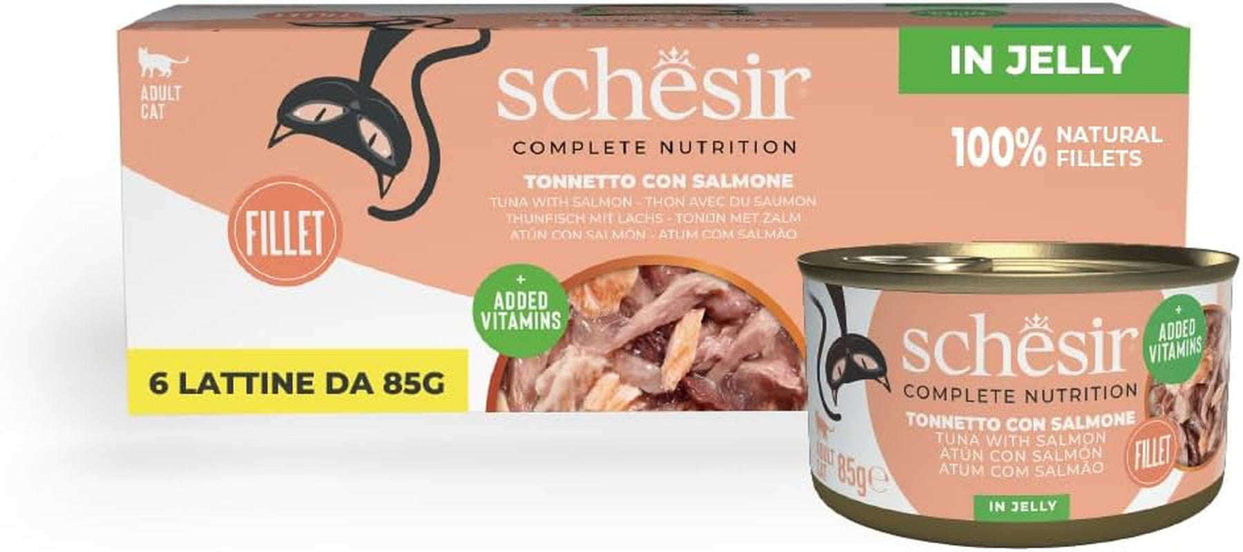 Lososový tuňák v želé, kompletní mokré krmivo pro kočky, v konzervě, s přidanými vitamíny, 100% přírodní, 6 x 85 g