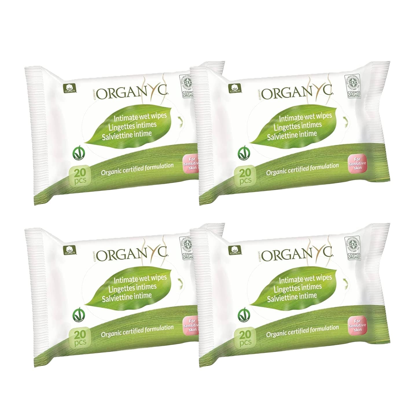 Organyc vlhké intimní ubrousky, vyrobené ze 100% certifikované organické bavlny – 4 balení po 20 ubrouscích (celkem 80 ubrousků)