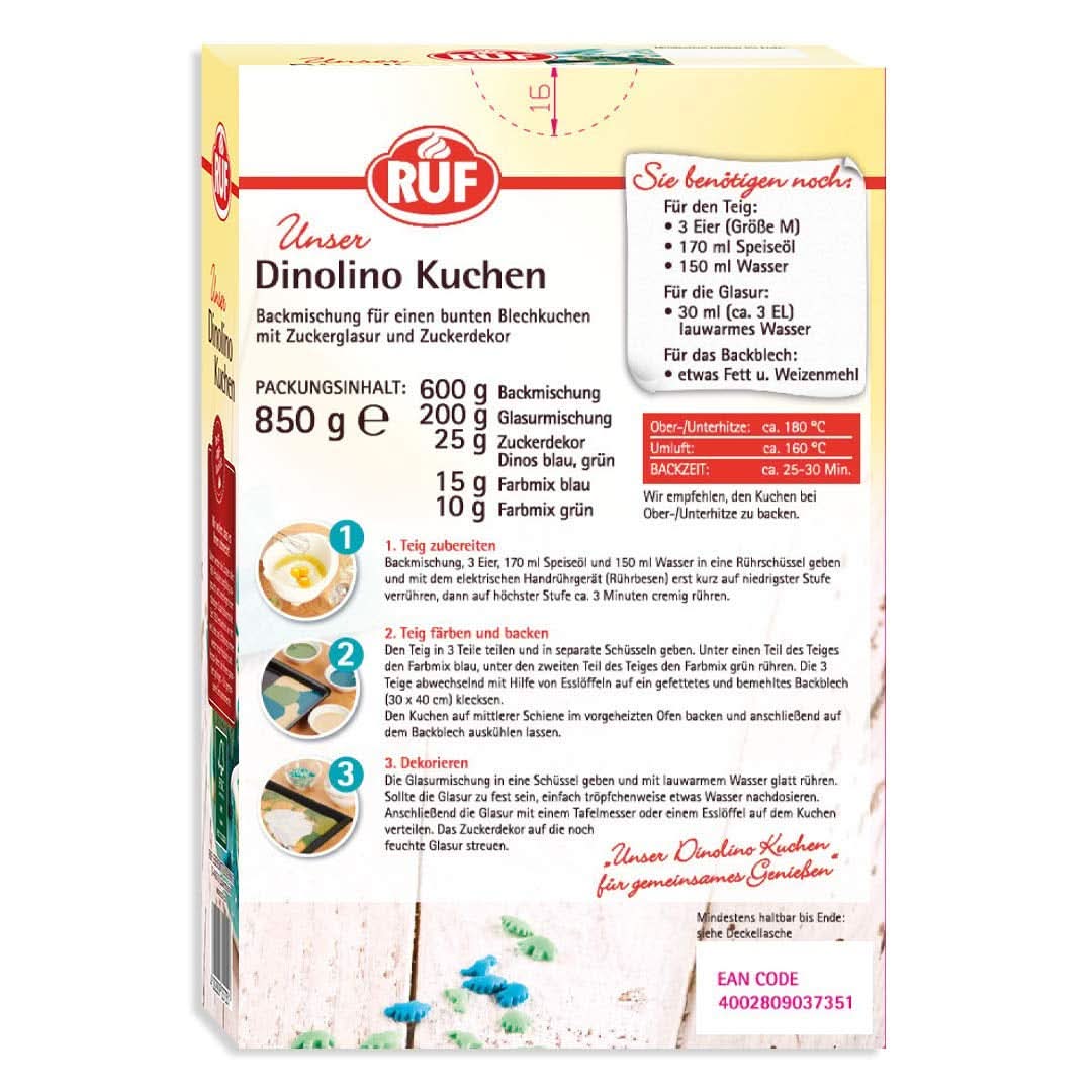 RUF Dinolino Cake, Tricolor plechový dort s příchutí citronu, 850 gramů Sprinkles Naty Shop