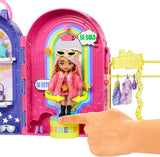 Barbie Extra mini, extra mini panenka a butiková herní sada, skříň se skříňkami, police, zrcadla, platforma 360, extra mini panenka s doplňky v růžových vlasech, HHN15