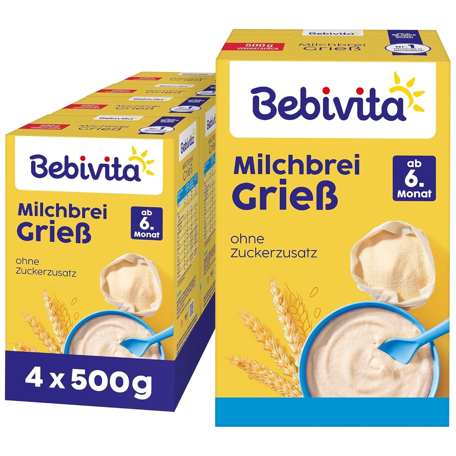 Krupicová kaše s mlékem (4 x 500 g), výživa pro kojence od 6 měsíců, bez přidaného cukru, s cennými minerály a vitamíny, velmi sytá