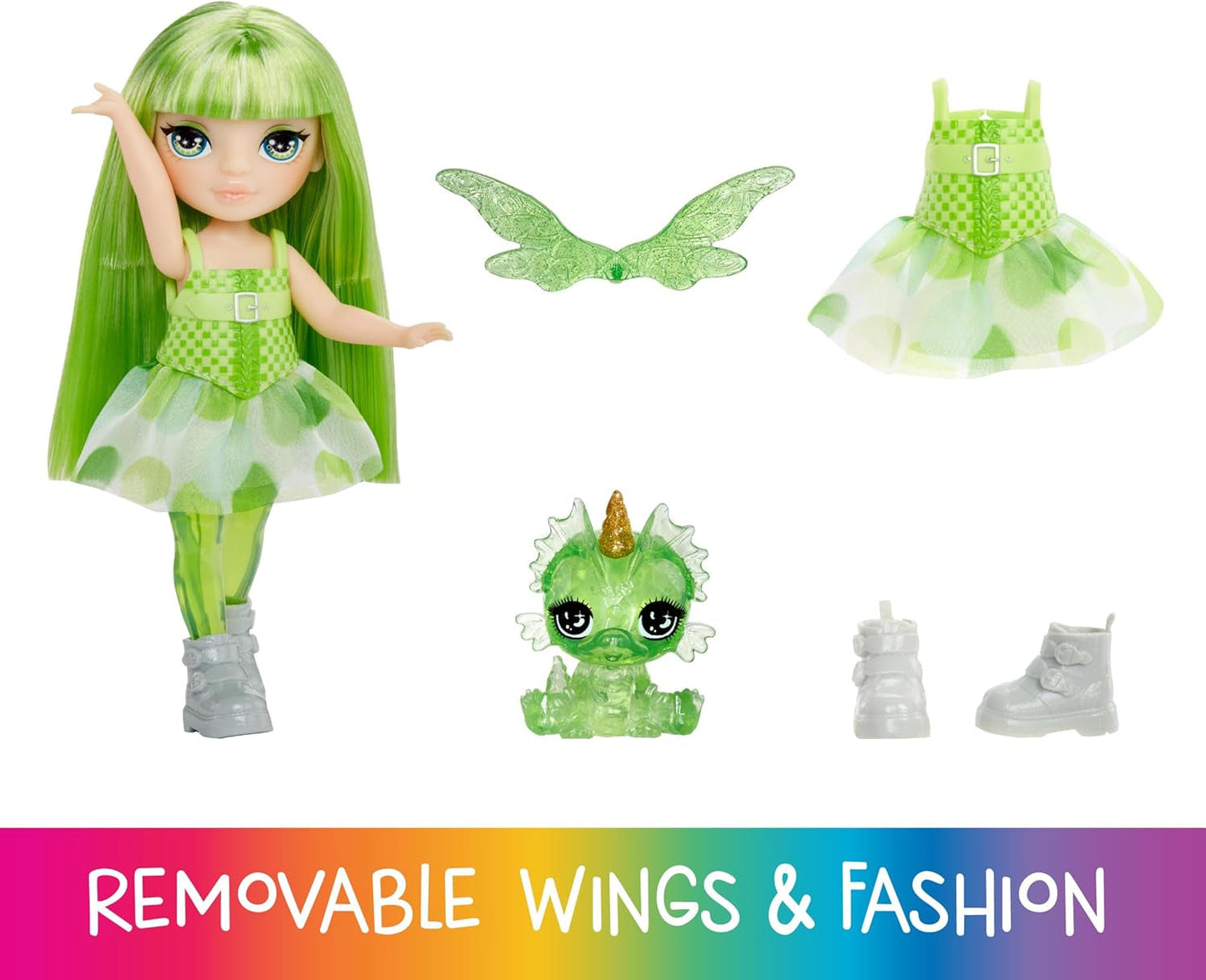 Rainbow High Littles Rainbow Fantasy víla a mazlíček - smaragdová, zelená - 14 cm kloubová malá fantasy dračí panenka s vyměnitelnými křídly víly, sladký dárek pro děti od 4 let