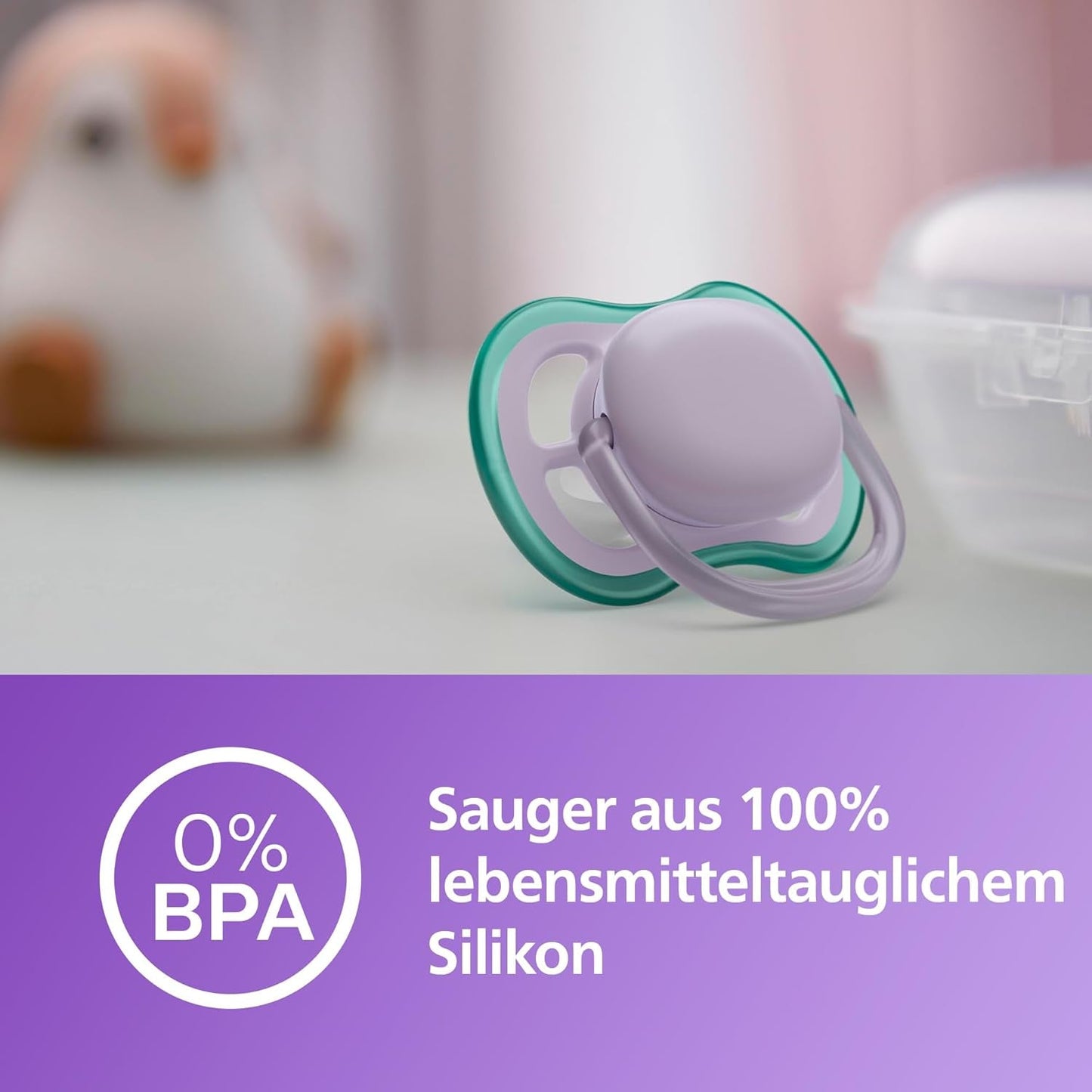 Dudlíky Philips AVENT ultra air – lehké a prodyšné dudlíky pro děti ve věku 0–6 měsíců, bez BPA, s přenosným pouzdrem jako sterilizátor, 2 balení, model SCF085/24
