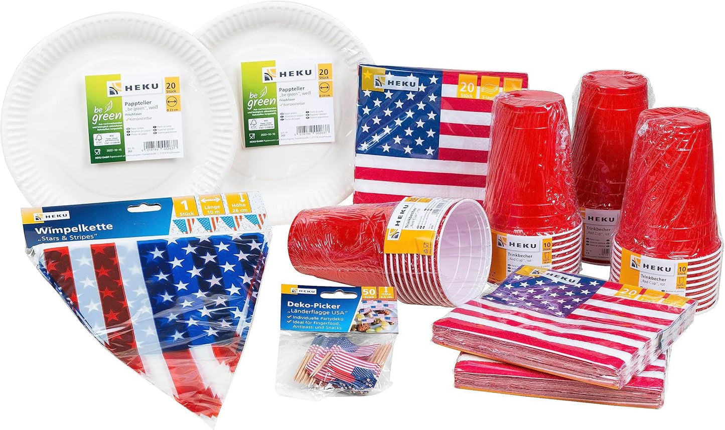 HEKU 191-ks. USA Party Set I Papírové talíře Ø23Cm, červené kelímky, 3vrstvé ubrousky 33X33Cm, sběrač dekorací, řetízek s vlajkou 10M I Ideální pro tématické večírky a státní svátky