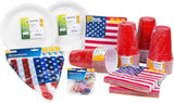 HEKU 191-ks. USA Party Set I Papírové talíře Ø23Cm, červené kelímky, 3vrstvé ubrousky 33X33Cm, sběrač dekorací, řetízek s vlajkou 10M I Ideální pro tématické večírky a státní svátky