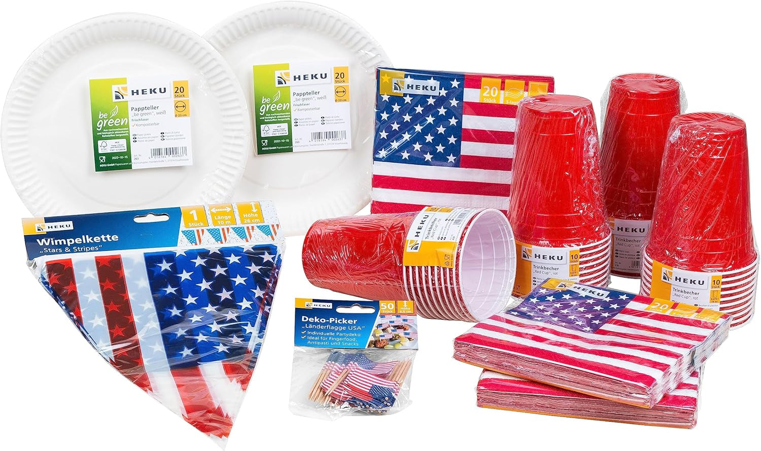 HEKU 191-ks. USA Party Set I Papírové talíře Ø23Cm, červené kelímky, 3vrstvé ubrousky 33X33Cm, sběrač dekorací, řetízek s vlajkou 10M I Ideální pro tématické večírky a státní svátky