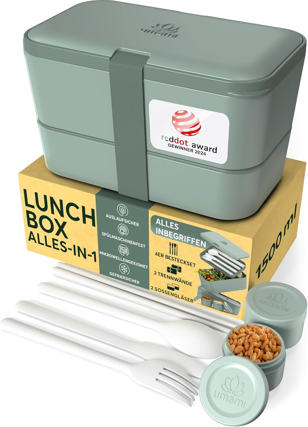 Umami Lunch Box pro dospělé, stohovací Bento Box se 4 příbory a přihrádkami, Box na oběd pro dospělé, To-go Salátová nádoba, Piknikový / Kancelářský oběd Box, Charcoal Grey, 1500 ml Naty Shop Box na uskladnění potravin Břidlicově zelená L - 1500 ml Stohovatelné uvnitř každé další