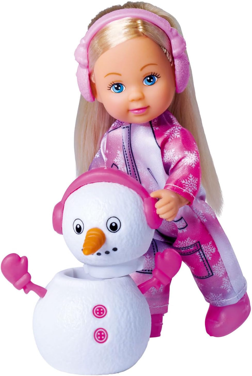 Simba 105733646 - Evi Love Snow, panenka v roztomilé sněhové kombinéze se sestavitelným sněhulákem, 12 cm, věk 3+