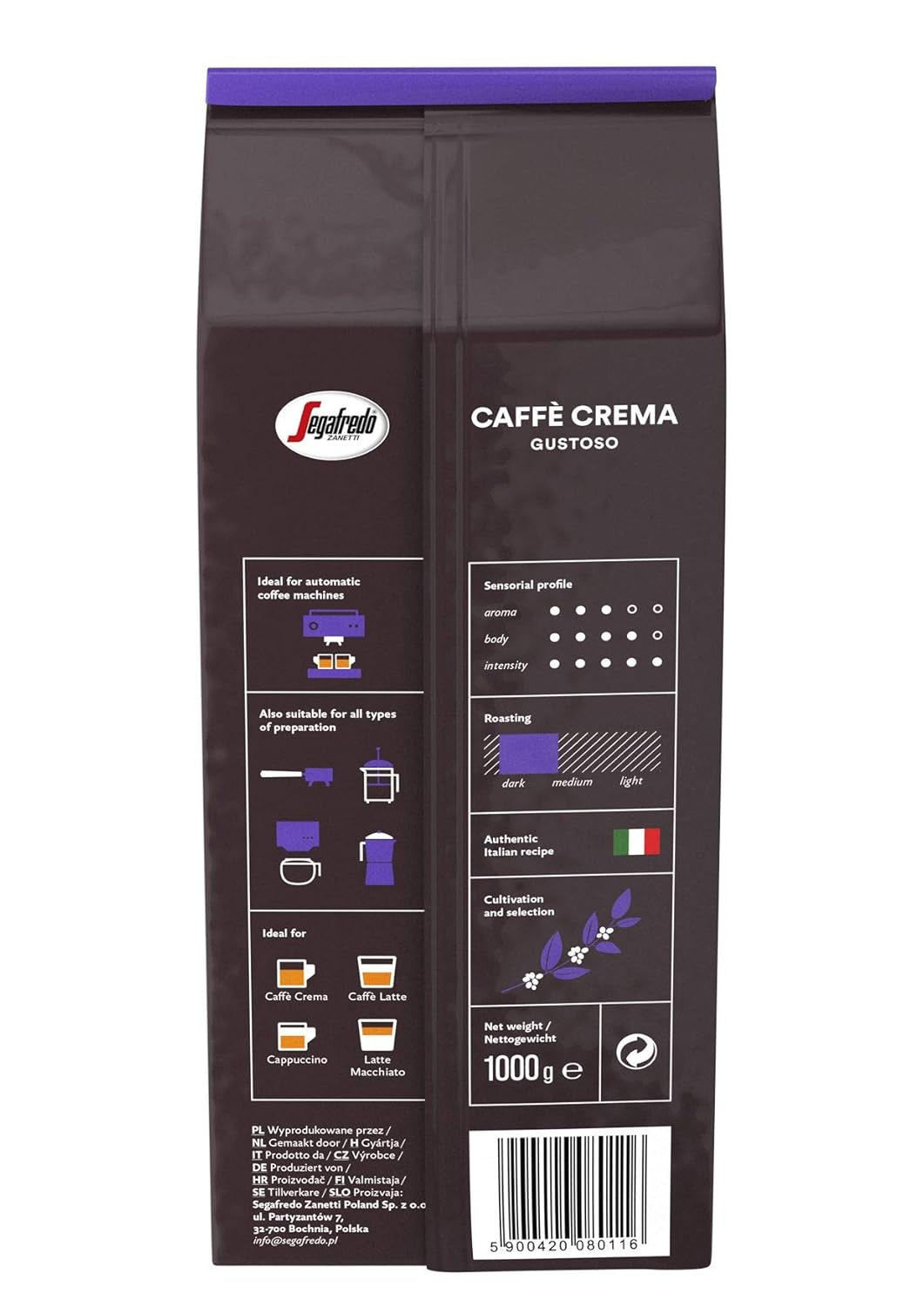 Segafredo Zanetti Caffè Crema Gustoso - celé zrnko (balení 1 kg) - Vhodné pro Caffè Crema - Dlouhá a tmavě pražená kávová zrna, plná a intenzivní chuť (balení 2 ks)
