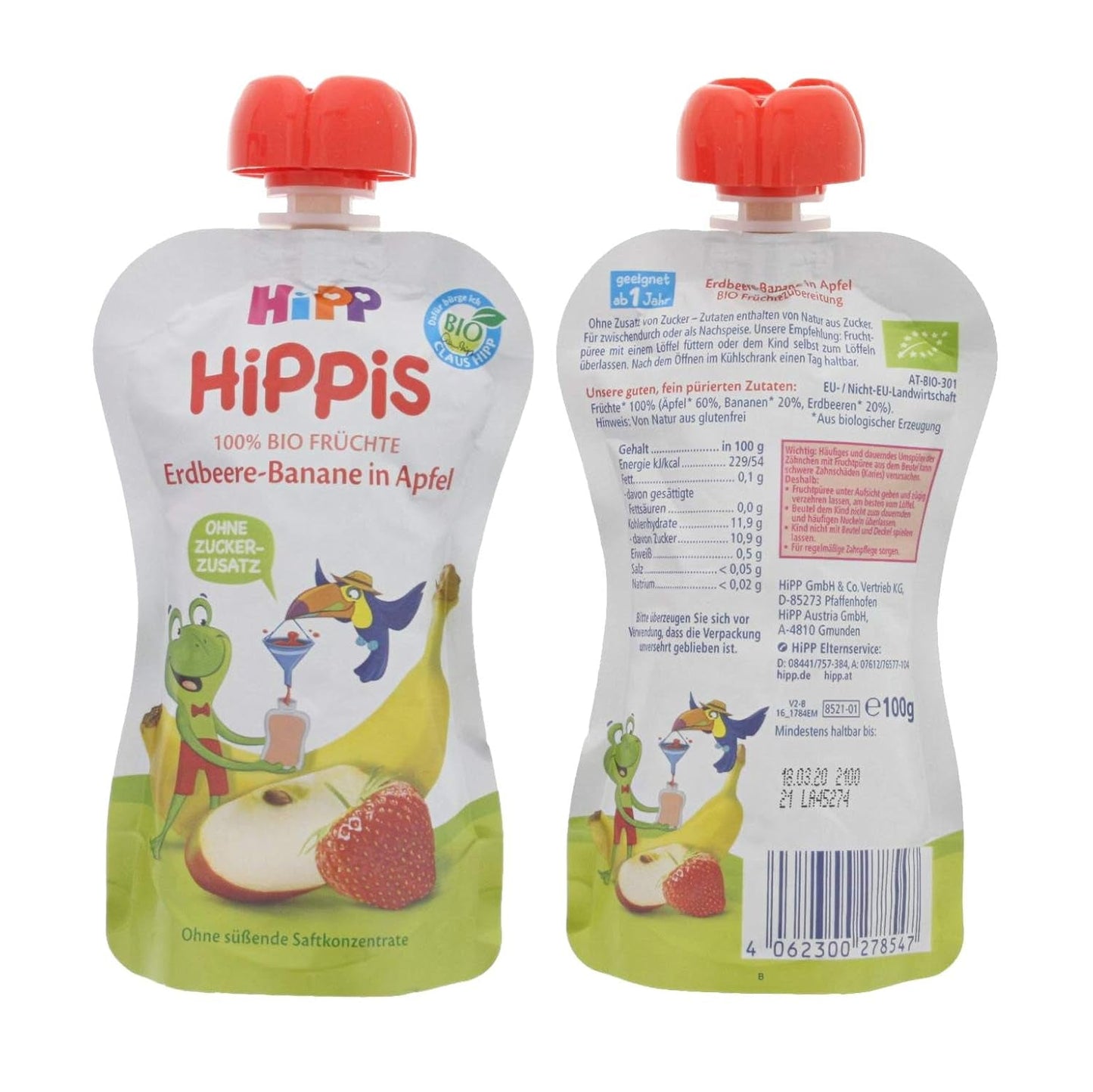 HiPP Bio pro děti HiPPiS Jahodový banán v jablku - Theo Tucan, 100g