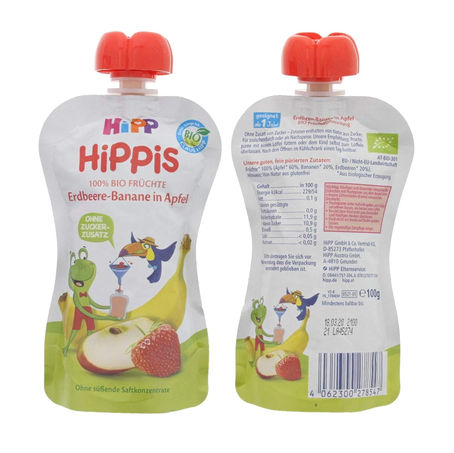 HiPP Bio pro děti HiPPiS Jahodový banán v jablku - Theo Tucan, 100g