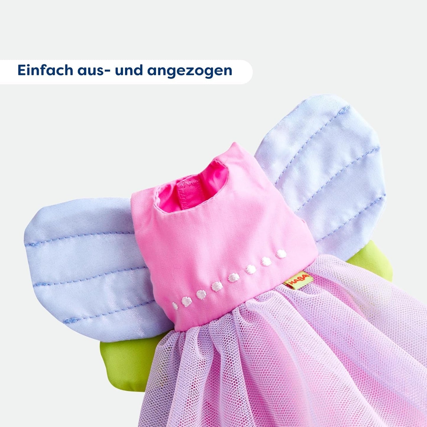 Oblečení kouzelné panenky HABA Fairy - 2dílná sada pro 18 měsíců a panenky (30 cm) - Tylové šaty s křídly, květinový pásek do vlasů v ceně - 1306243001