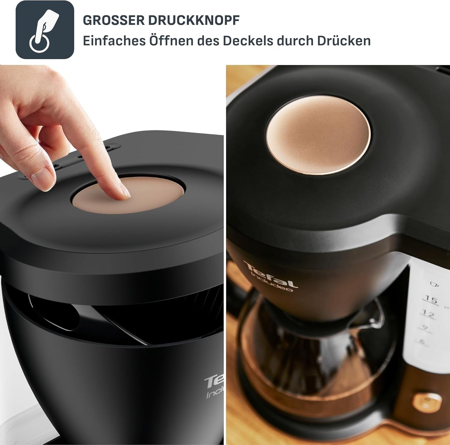 Espresso kávovar Tefal Includeo Filter, Espresso extrémně snadné použití, Vhodné pro praváky i leváky, Automatické otevírání víka, 1,25 l, 10 až 15 šálků, CM533811