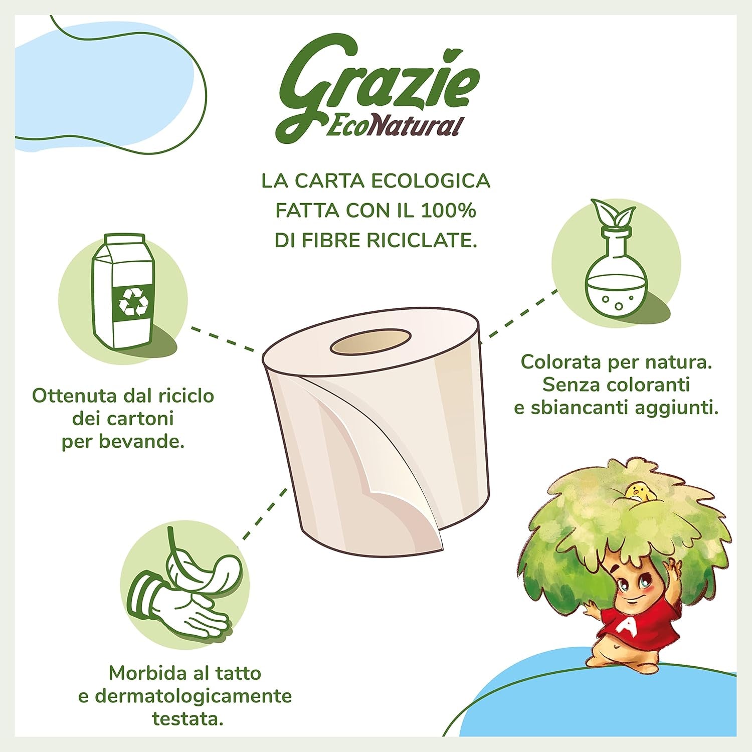 Přírodní toaletní papír Grazie, Econatural, 56 rolí, recyklovaný toaletní papír Fibrepack, 100% ekologický, šetrný k životnímu prostředí, certifikovaný ekoznačkou a recyklovaný FSC, vyrobeno v Itálii