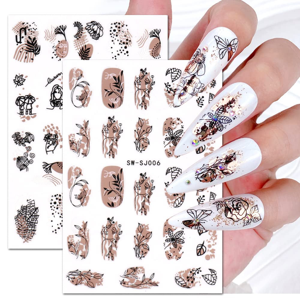 JMEOWIO Nálepka na nehty Rose Gold Schwarze Blume 12 Blatt Nálepka na nehty Selbtklebend Nagelaufkleber Frühlings Linie Abstraktes Blatt Dekoration Nageldesign Zubehör