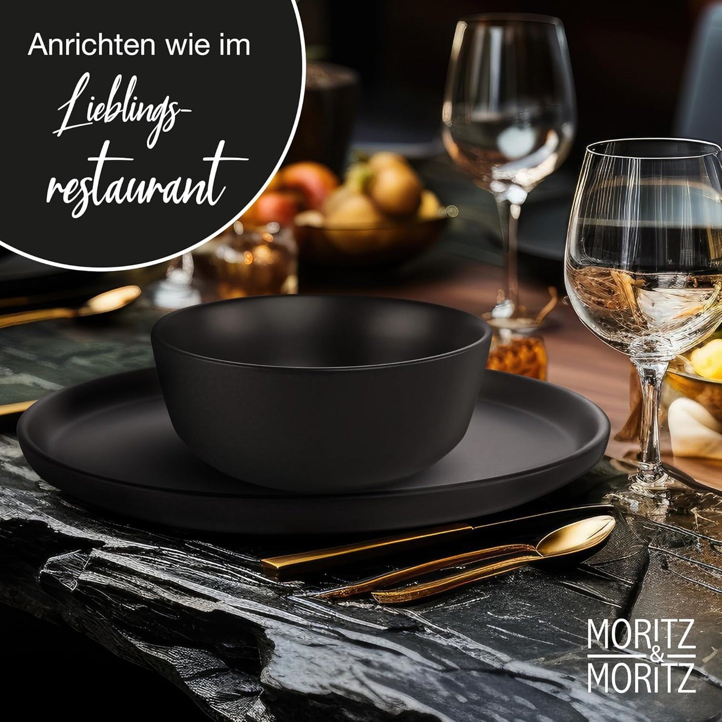 Moritz & Moritz NORDIC Sada nádobí pro 6 osob - 18dílná sada černého nádobí z černého nádobí - Skandinávský design - Sada robustního nádobí pro 6 osob pro každodenní použití a hosty - Kombinovaná sada nádobí