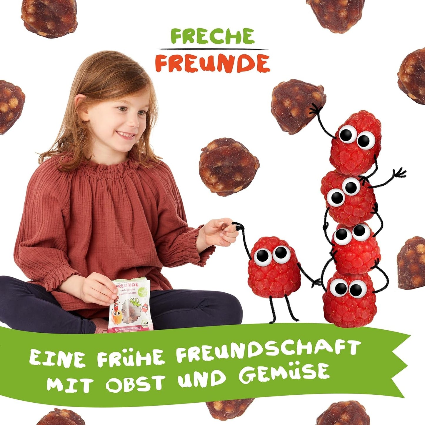 FRECHE FREUNDE Bio ovocná želé, jablka, maliny a rýžová lízátka, ovocná sladká svačina pro děti, bezlepková, veganská, balení 20 ks (20 x 30 g)