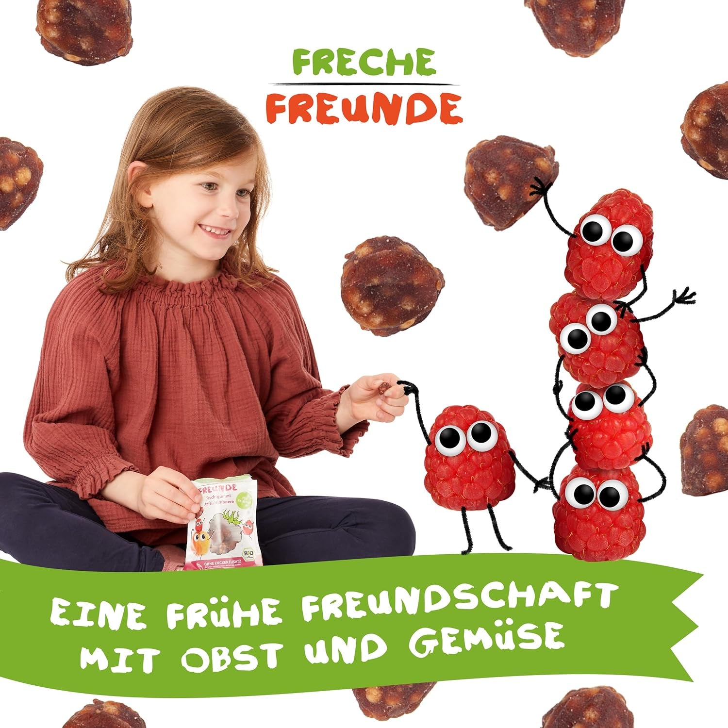 FRECHE FREUNDE Bio ovocná želé, jablka, maliny a rýžová lízátka, ovocná sladká svačina pro děti, bezlepková, veganská, balení 20 ks (20 x 30 g)