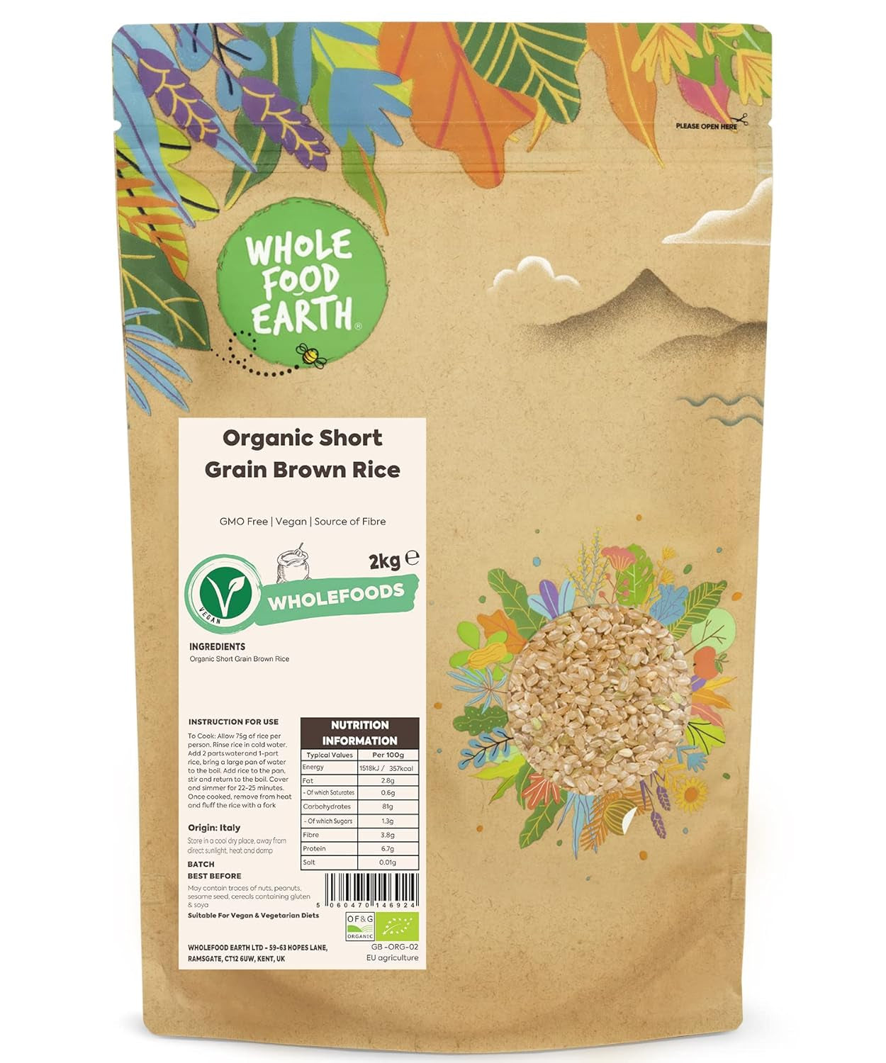 Wholefood Earth Bio Krátkozrnná hnědá rýže 3 kg Non-GMO Vegan Zdroj vlákniny z kontrolovaného ekologického zemědělství