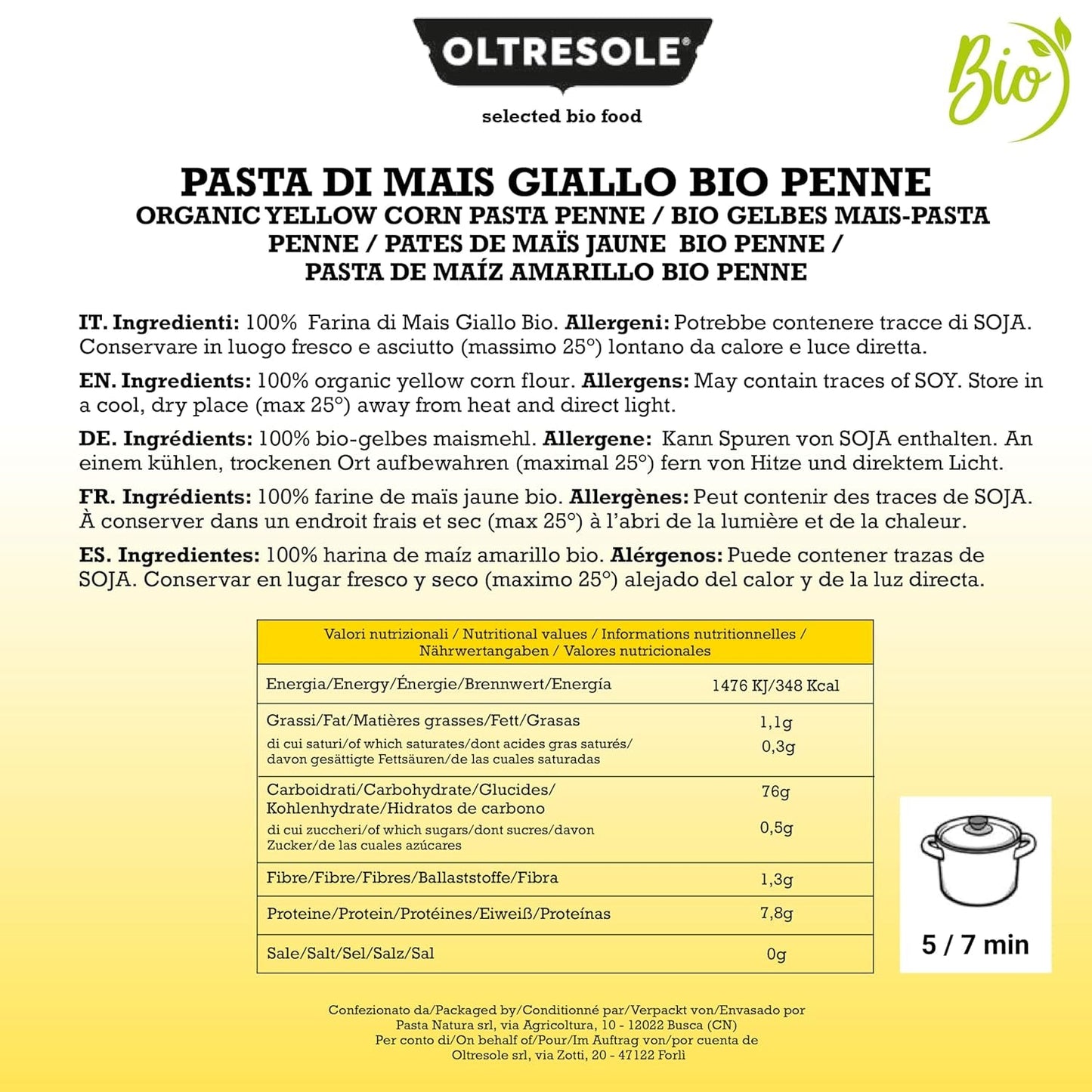 Pasta di Mais Giallo Biologica Italiana Bezlepkové, Formato Penne - bezlepkové těstoviny, 100% farina di mais giallo bio, vegan, confezione da 3 pacchi da 350 g