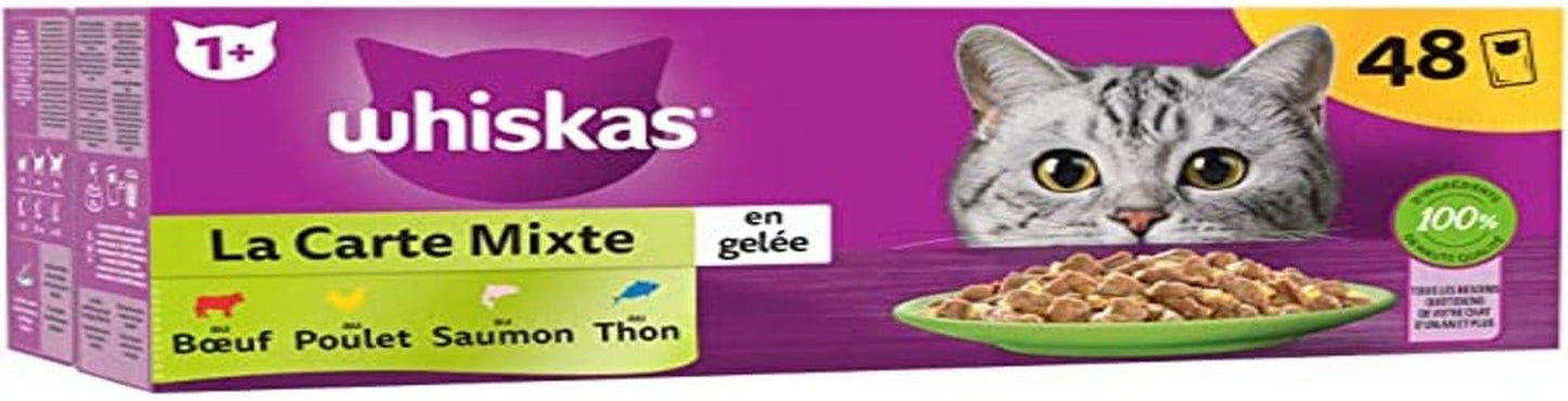 Krmivo WHISKAS - 48 sáčků Čerstvé - Smíšený karton (4 druhy) - Vlhké krmivo pro dospělé kočky v želé - Kompletní a vyvážené vlhké krmivo vhodné pro sterilizované kočky