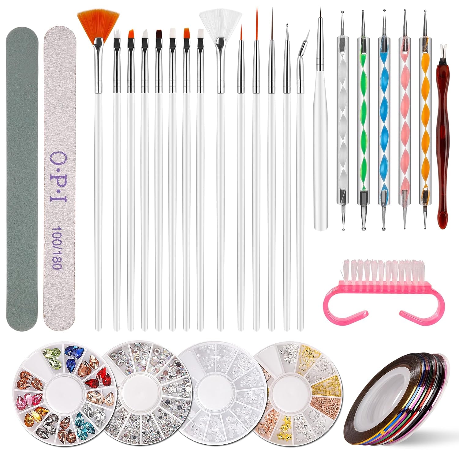Nail Art Dekorationen & Nagelpinsel Set, Nageldesign Zubehör, Nagelset 5 Stk 2 Wege Punktierung Stift, 15 Malerei Polnisch Pinsel Set, 10 Streifenband, 4 Boxen Bunte Nagel zdobení kamínky