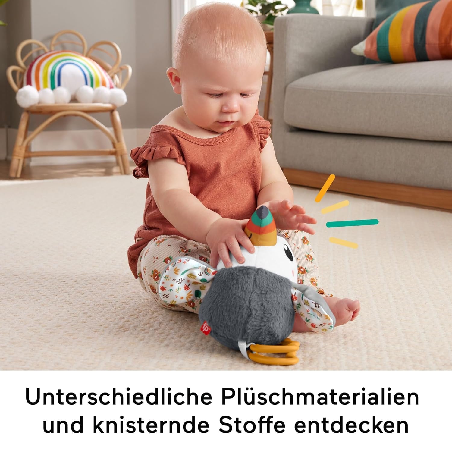 FISHER-PRICE Flap & Go Toucan - Plyšová hračka do kočárku podporuje jemné motorické a smyslové dovednosti u novorozenců od narození HNX66 Baby Toys Naty Shop