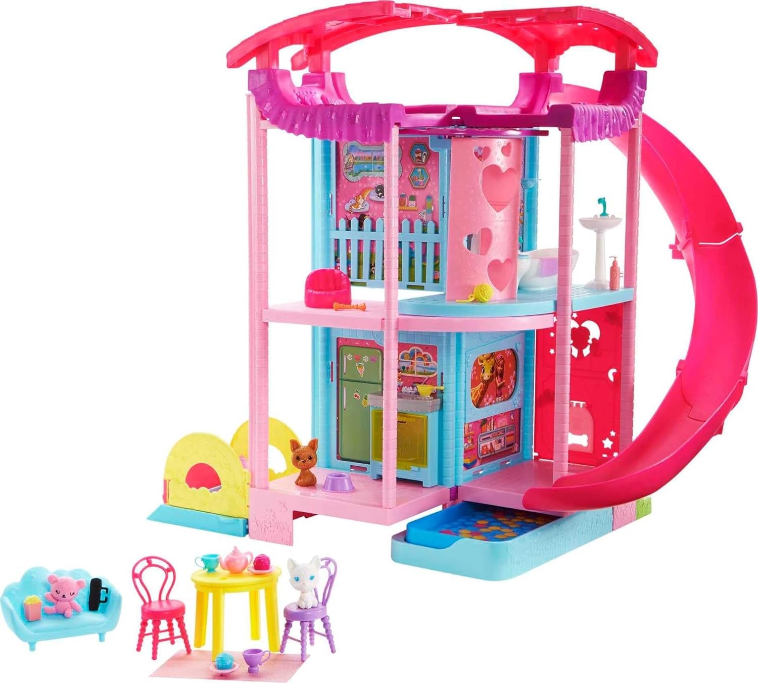 Barbie Chelsea Playhouse – 3 transformující se patra, tajná hřiště, výtah, bazén, skluzavka, 2 mazlíčci a 20+ příslušenství, pro věk 3+ HHX44 Naty Shop Domky pro panenky Výchozí název