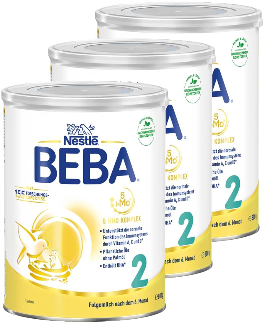 BEBA 2 - Pokračovací mléko po 6 měsících, s 5 HMO komplexem, obsah bílkovin odpovídající věku, bez laktózy, bez palmového tuku, bez rybího tuku, dětská výživa, sušené dětské mléko, balení 3 ks (3 x 800 g)