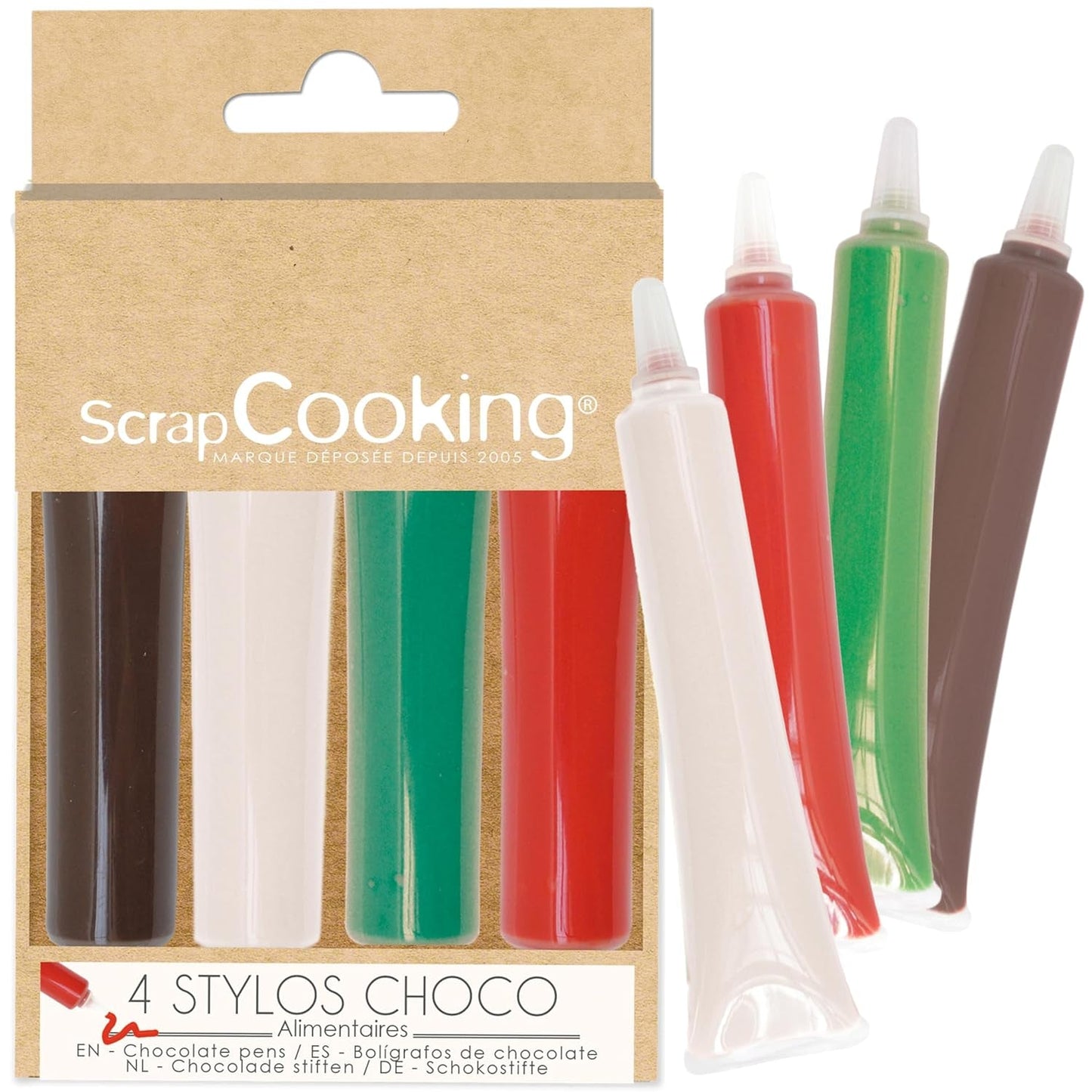 Scrapcooking - Sada 4 vánočních čokoládových pastelek - hnědá, bílá, zelená a červená - Jedlé barvivo - Potravinářské barvivo pro psaní - Psaní a kreslení na dezerty, dorty a sušenky - 7060