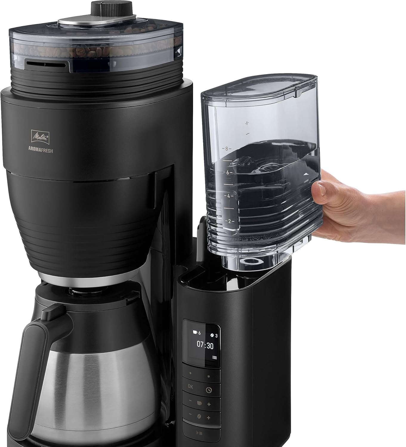 Melitta AromaFresh Therm Pro X - Espresso kávovar s filtrem, integrovaným mlýnkem, vyjímatelnou nádržkou na vodu, nerezovou termokarafou a funkcí časovače, až na 8 šálků kávy, černá/stříbrná