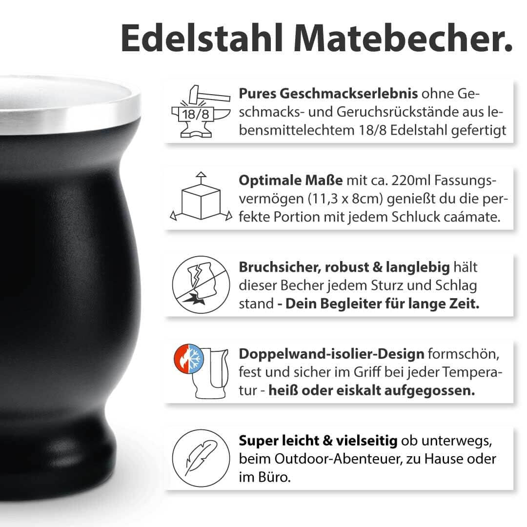 Čajová sada Mate Bio ● 3 sortimenty Mate + Dvoustěnný hrnek Mate z nerezové oceli + Bombilla + Návod na vaření (černý)