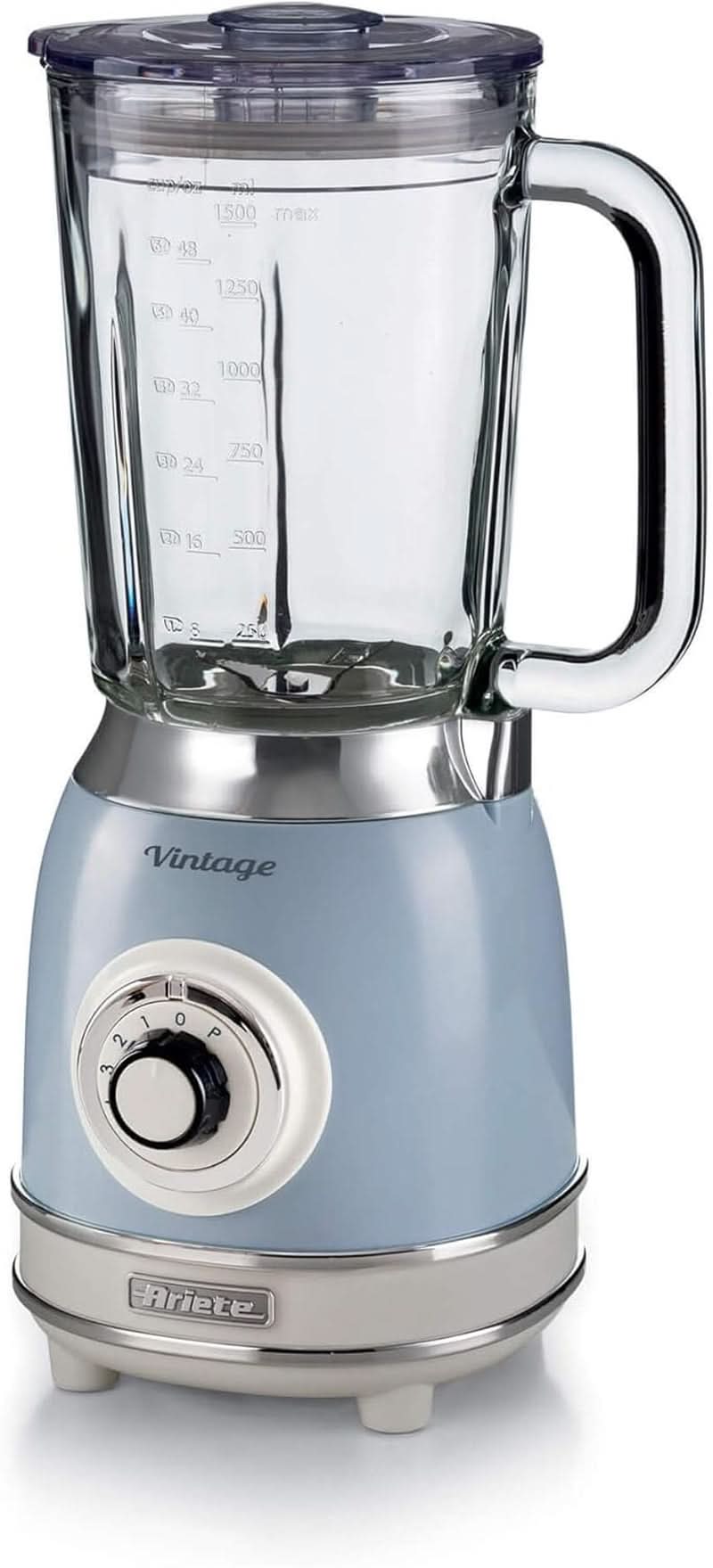 Ariete Vintage 583 Mixer Aus Glas, Retro Multifunktionsmixer Mit 4 Klingen, 4 Geschwindigkeiten + Pulse-Funktion, Ice-Crusher Funktion, 1,5 l Fassungsvermögen, 1000 W, Green Kitchen Naty Shop Hellblau Single