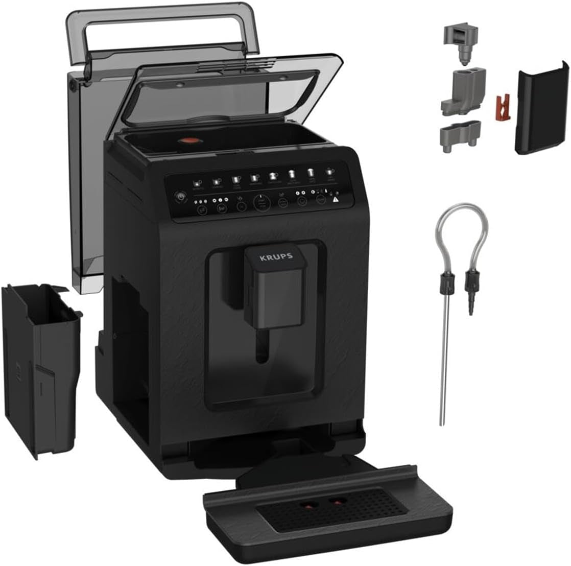 Krups EA897B Evidence ECOdesign automatický kávovar na espresso, funkce automatického espressa a cappuccina, technologie Quattro Force, šálky na mléko jedním dotykem, 8 předvoleb, mléčný systém, 1450 W