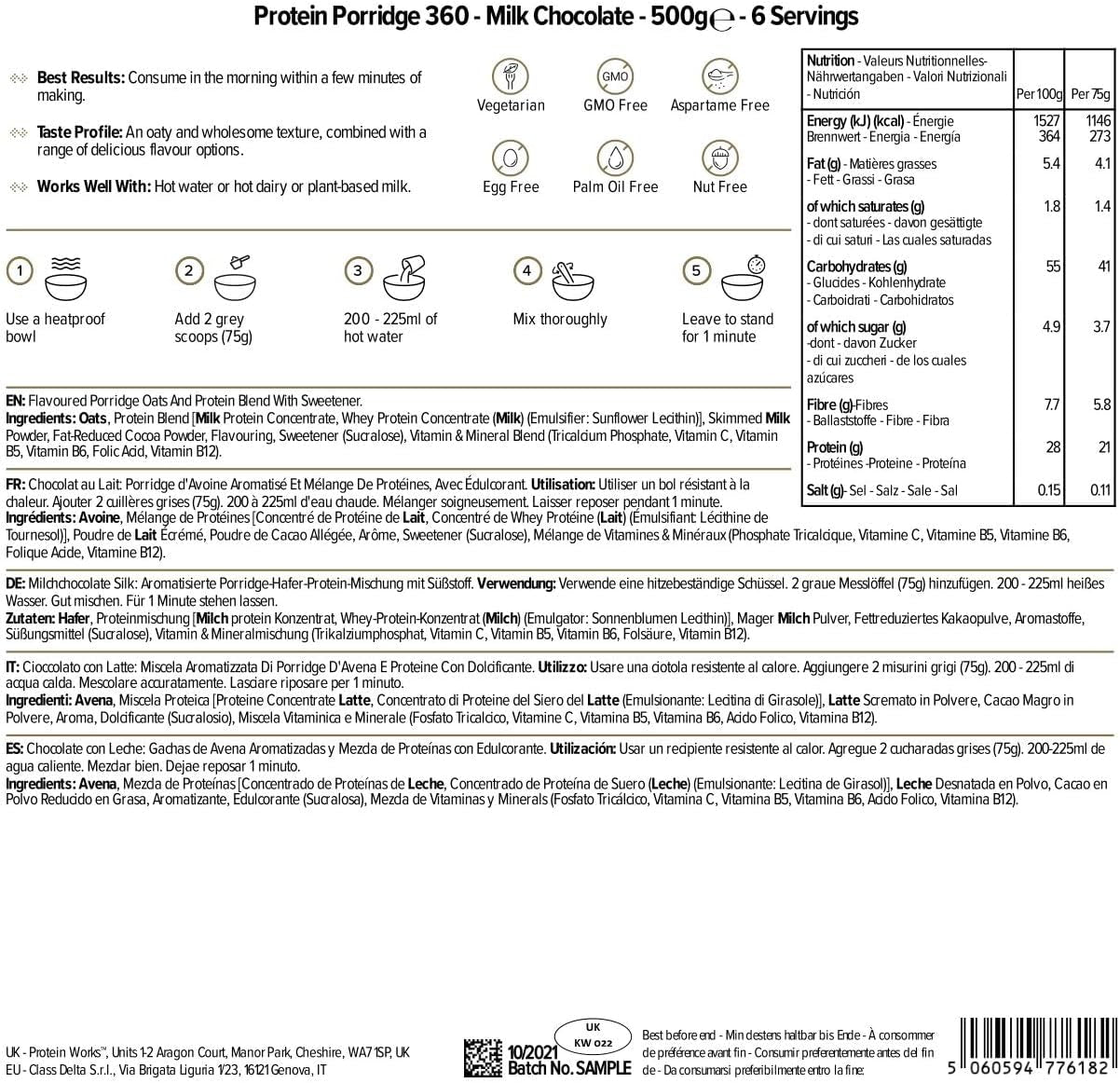 Protein Works - Proteinová kaše 360 | Mýtus Další vitamíny a minerály | Proteinreiches Frühstück | Kalorienarme Haferflocken | 6 porcí | Mléčná čokoláda 500G Cereal Naty Shop