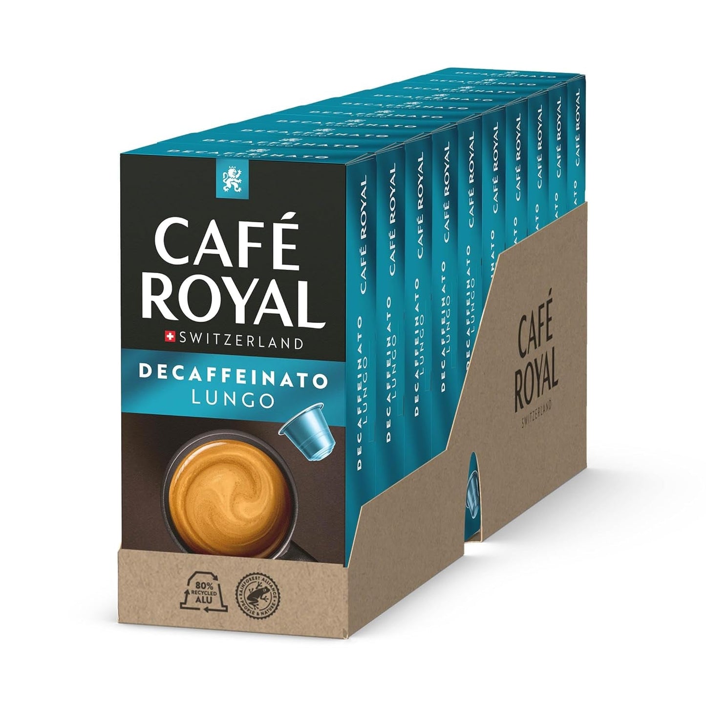 Café Royal Lungo Decaffeinato – kávové kapsle kompatibilní s Nespresso®, 100 % Arabica, Intensität 5/12, Rainforest Alliance, bez kofeinu, 100 kapslí