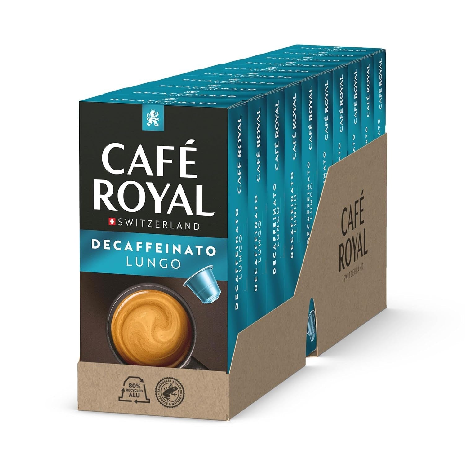 Café Royal Lungo Decaffeinato – kávové kapsle kompatibilní s Nespresso®, 100 % Arabica, Intensität 5/12, Rainforest Alliance, bez kofeinu, 100 kapslí