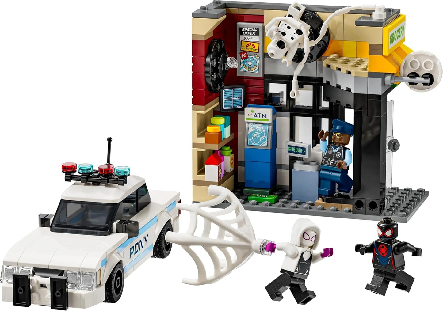 LEGO Marvel Spider-Verse: Miles Morales vs. Spot – Superhrdinská herní sada s autíčkem – 4 minifigurky a minimarket – Dárek pro chlapce a dívky od 9 let 76311 Stavebnice Besuche den LEGO-Store